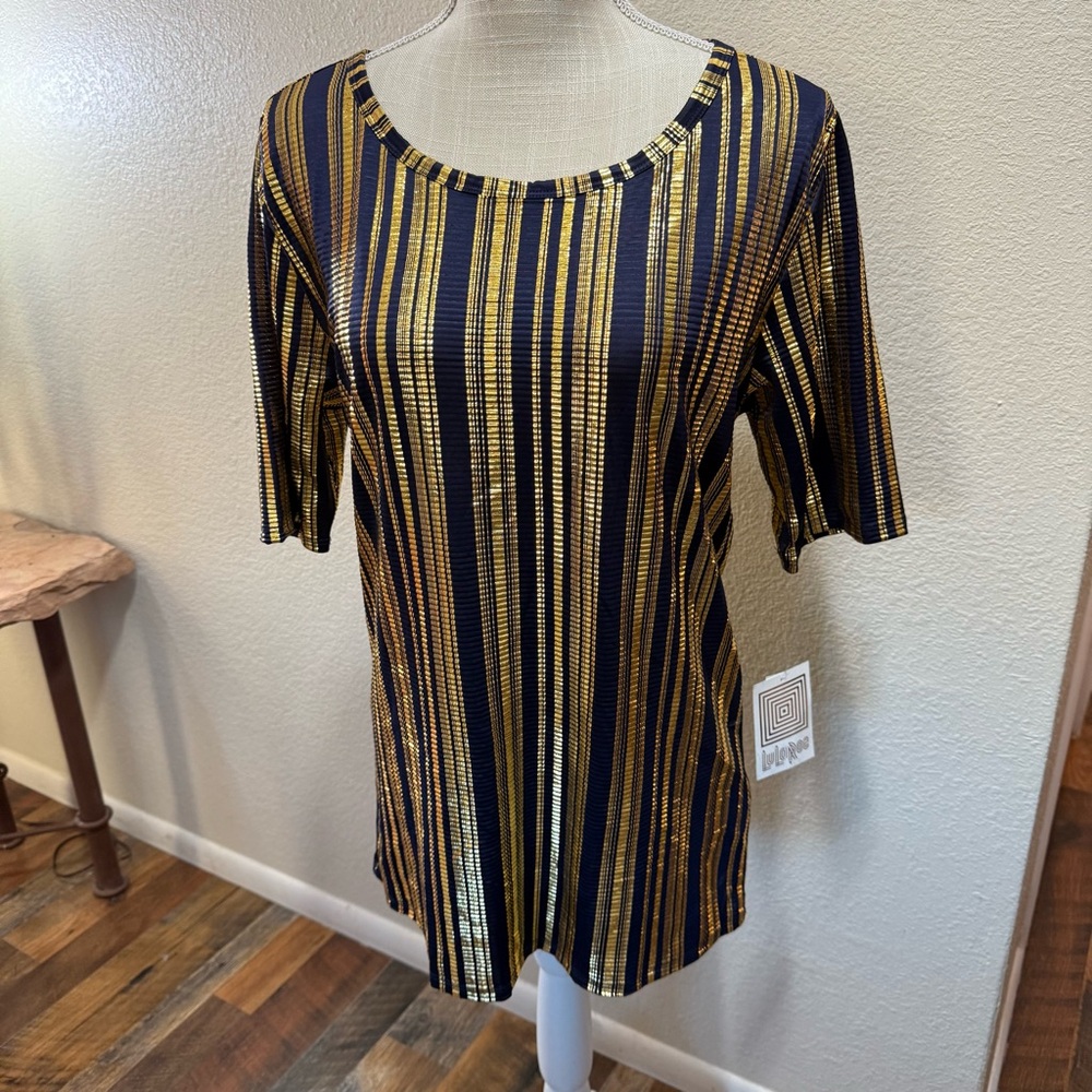 LuLaRoe - Gigi - Gold and Blue Striped Short Sleeve Top - Size XL - NWT